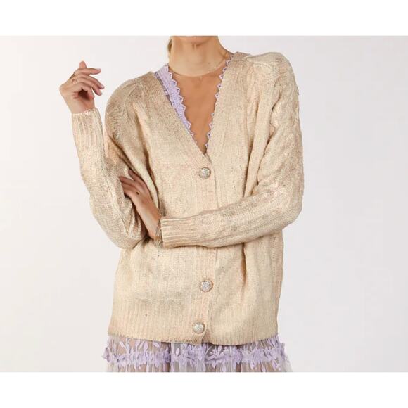 NWT Beulah Style Brielle Champagne Cable Knit Gold Metallic Cardigan Size All - Picture 3 of 14